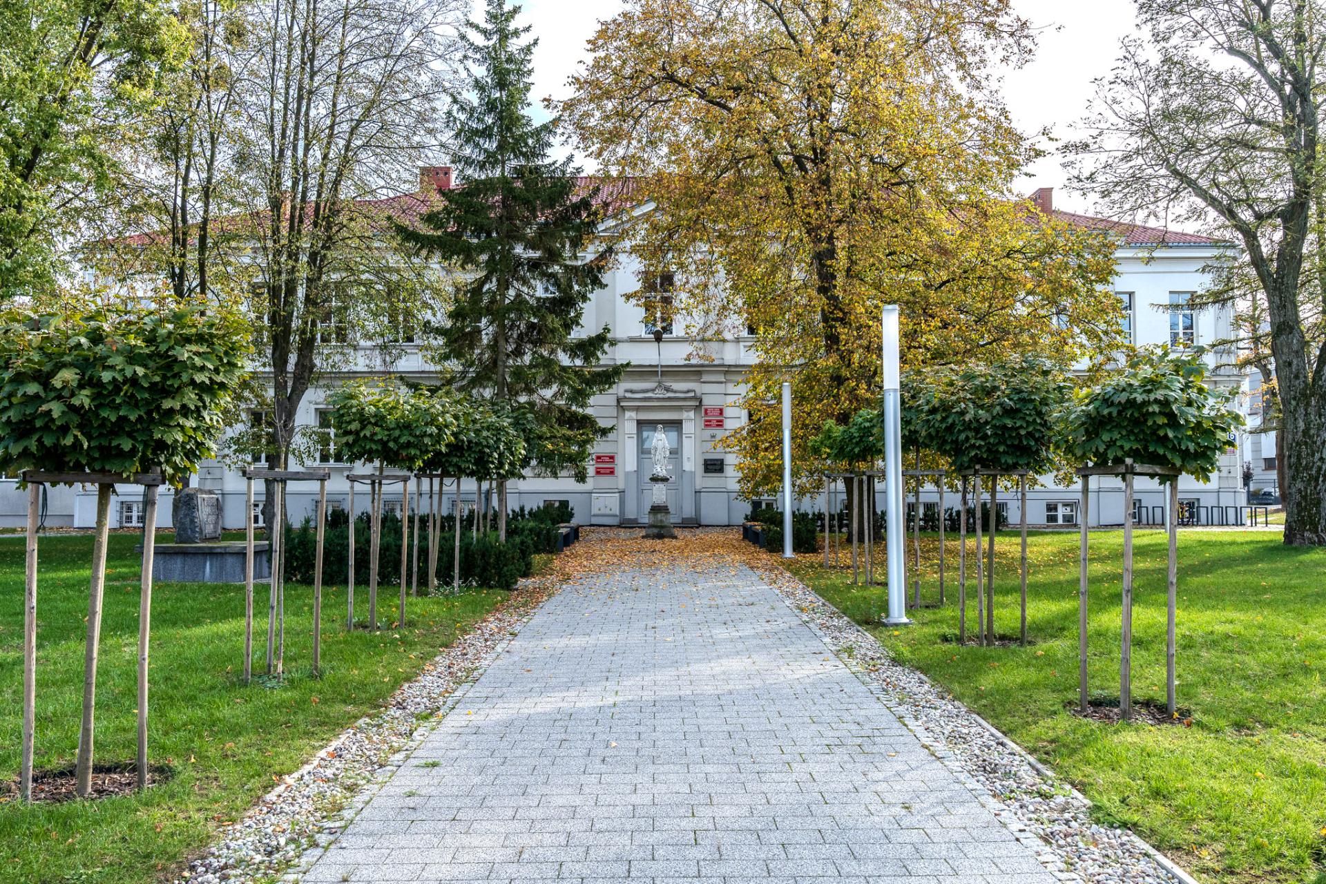 Liceum Mistrzostwa Sportowego wejście główne. W tle zieleń i drzewa